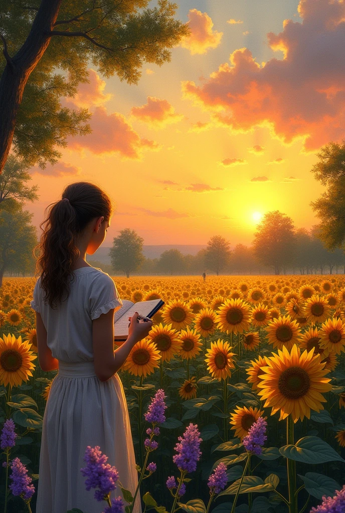 A painting with a park and sunflowers a 22 year old 5’11 without face writing poetry Sunset and lavenders