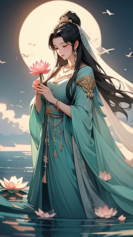 (masterpiece,Highest quality,,8k,High resolution),One female,,Compassionate Mother Kannon,Black Hair,,Wave,,water,,flower,bird,,moon,,jewelry,Holding,Long sleeve,Veil,necklace,Lotus,Long Hair,dress,(whole body),Highly detailed CG,