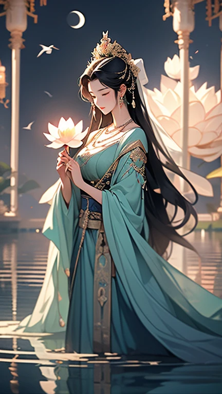 (masterpiece,Highest quality,,8k,High resolution),One female,,Compassionate Mother Kannon,Black Hair,,Wave,,water,,flower,bird,,moon,,jewelry,Holding,Long sleeve,Veil,necklace,Lotus,Long Hair,dress,(whole body),Highly detailed CG,