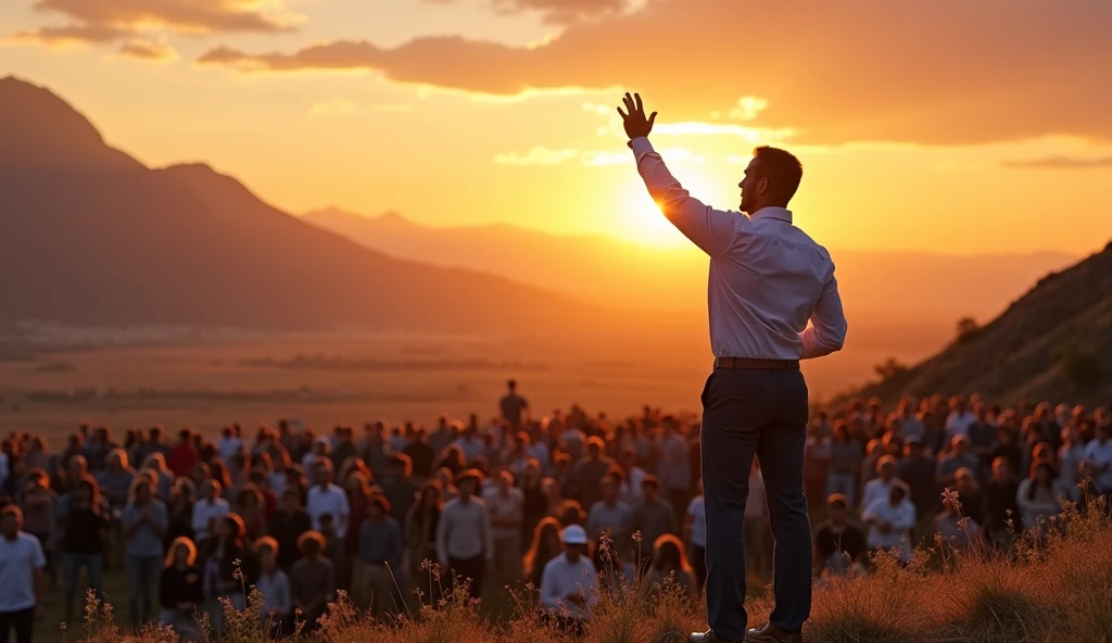 A man addressing a crowd of people gathered in a flat valley from a high place