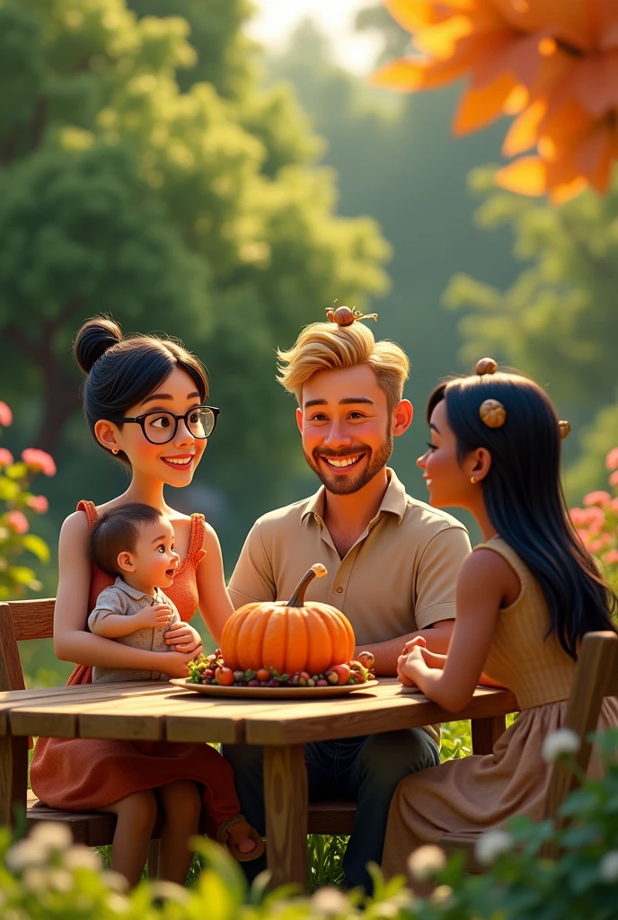 tries to create an image with two women and two men.
A woman wearing glasses, thin black hair,
beside a thin man, chestnut hair, small snails, 小柄, with a baby in her arms.
The other fat man,almost bald hair, blond, Crespo, with marks on the face,
The other woman with brown skin tone, with black voluminous big straight hair. Garden setting having dinner at the table with a pumpkin and a duck on the table. Pixar-style