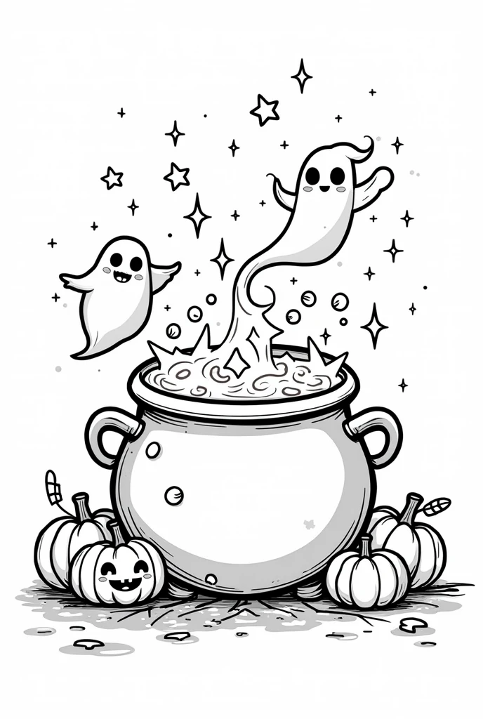 Cute and kawaii halloween magical potion spilling into a cauldron on fire coloring Page, simple for toddlers, bold and easy, black bold lines White background, for a coloring book black and white, líne art, only outlines, but the design is simple and bold, no greyscale