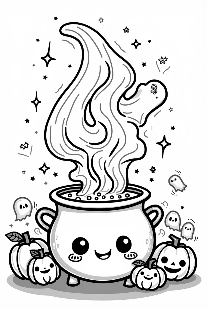 Cute and kawaii halloween magical potion spilling into a cauldron on fire coloring Page, simple for toddlers, bold and easy, black bold lines White background, for a coloring book black and white, líne art, only outlines, but the design is simple and bold, no greyscale