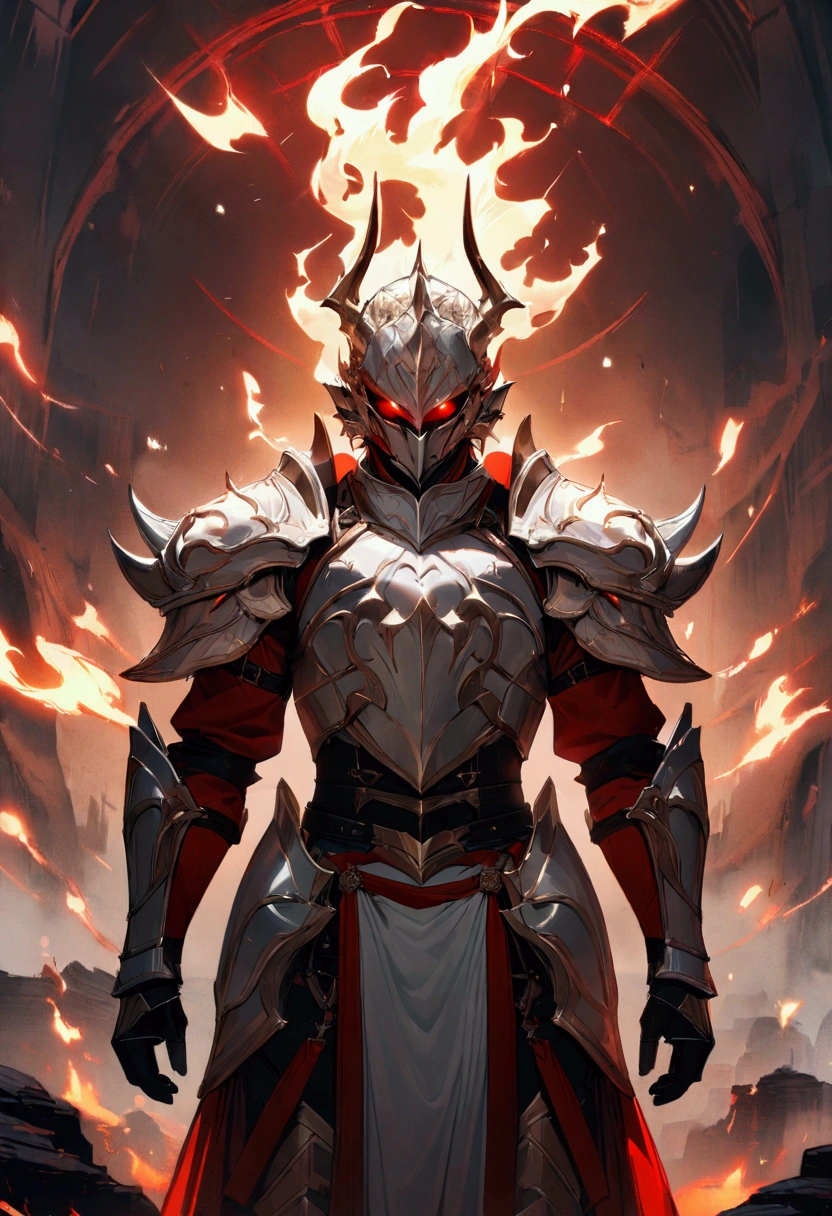masterpiece, 8k, best quality, highly detailed, a male warrior wearing a set of white fiery armor with red accents surrounded by flaming musical symbols