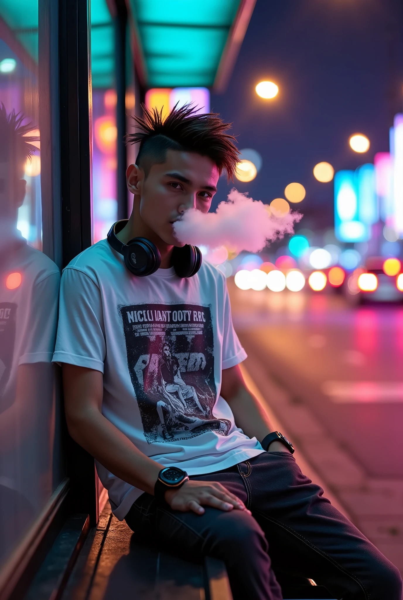 Young man as a rockers(spikes hair) is smoking(blowing the smokes), wearing white printing t-shirts and tight scars jeans, sitting on the shelter near the traffic lights and marks, neon loghts headphones on his neck, wearing smartwatch, boots, lot of cars in the streets