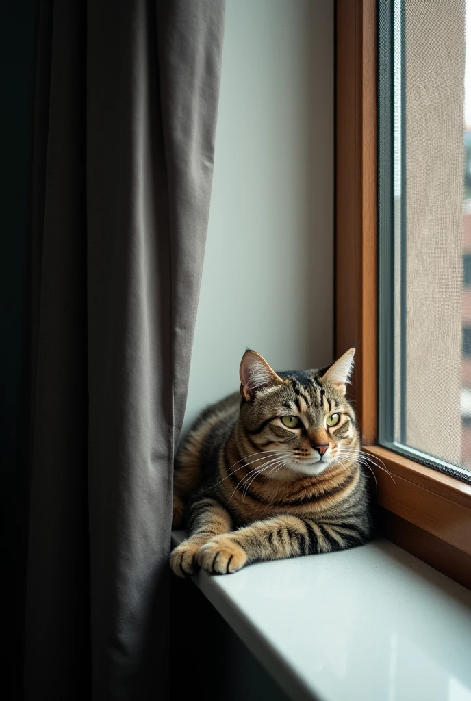Cat lying on the edge of a window in a high part sealed with a black mesh.