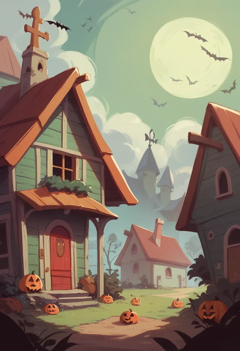 Época de Halloween, um with red and black striped clothes, afraid, watching the creepy neighbor's house
