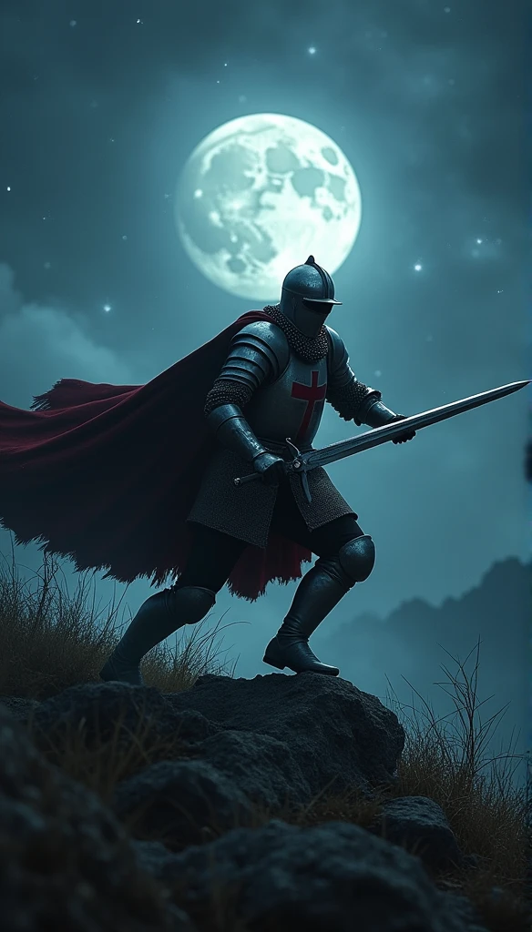 A highly realistic, high-contrast, 8K HD, detailed, hyper-detailed image of a Crusader knight fighting on the battlefield at night. The knight, clad in steel armor with a red cross emblem painted on his chest plate, is engaged in intense combat, wielding his sword with unwavering determination. The battlefield is illuminated by the faint light of the moon and stars, casting deep shadows across the rugged terrain. The atmosphere is tense and dramatic, capturing the bravery and resolve of the Crusader as he fights under the cover of darkness. The image is of the highest quality, with ultra-high resolution, RAW photo quality, and Unreal Engine rendering, showcasing the knight's strength and courage as he battles through the night, with the red cross of the Crusaders prominently displayed on his armor.
