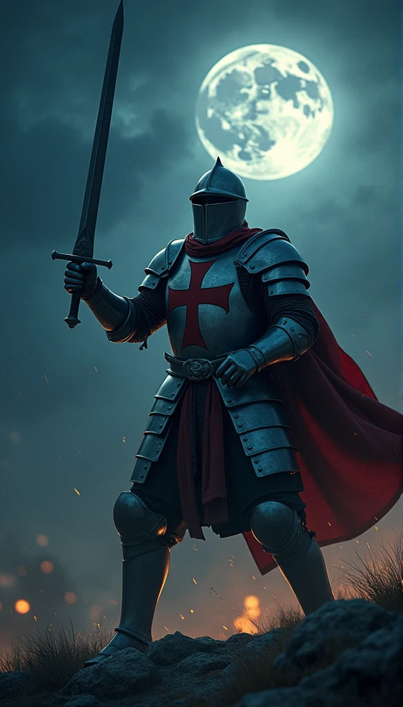 A highly realistic, high-contrast, 8K HD, detailed, hyper-detailed image of a Crusader knight fighting on the battlefield at night. The knight, clad in steel armor with a red cross emblem painted on his chest plate, is engaged in intense combat, wielding his sword with unwavering determination. The battlefield is illuminated by the faint light of the moon and stars, casting deep shadows across the rugged terrain. The atmosphere is tense and dramatic, capturing the bravery and resolve of the Crusader as he fights under the cover of darkness. The image is of the highest quality, with ultra-high resolution, RAW photo quality, and Unreal Engine rendering, showcasing the knight's strength and courage as he battles through the night, with the red cross of the Crusaders prominently displayed on his armor.