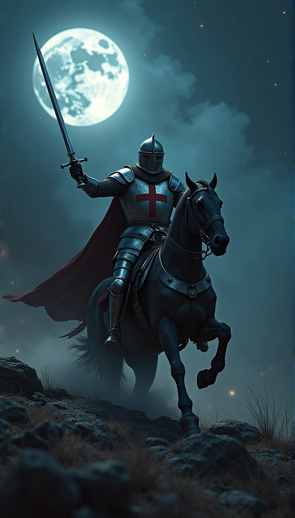 A highly realistic, high-contrast, 8K HD, detailed, hyper-detailed image of a Crusader knight fighting on the battlefield at night. The knight, clad in steel armor with a red cross emblem painted on his chest plate, is engaged in intense combat, wielding his sword with unwavering determination. The battlefield is illuminated by the faint light of the moon and stars, casting deep shadows across the rugged terrain. The atmosphere is tense and dramatic, capturing the bravery and resolve of the Crusader as he fights under the cover of darkness. The image is of the highest quality, with ultra-high resolution, RAW photo quality, and Unreal Engine rendering, showcasing the knight's strength and courage as he battles through the night, with the red cross of the Crusaders prominently displayed on his armor.