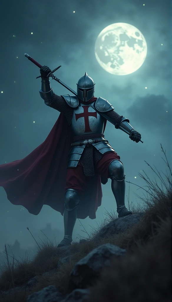 A highly realistic, high-contrast, 8K HD, detailed, hyper-detailed image of a Crusader knight fighting on the battlefield at night. The knight, clad in steel armor with a red cross emblem painted on his chest plate, is engaged in intense combat, wielding his sword with unwavering determination. The battlefield is illuminated by the faint light of the moon and stars, casting deep shadows across the rugged terrain. The atmosphere is tense and dramatic, capturing the bravery and resolve of the Crusader as he fights under the cover of darkness. The image is of the highest quality, with ultra-high resolution, RAW photo quality, and Unreal Engine rendering, showcasing the knight's strength and courage as he battles through the night, with the red cross of the Crusaders prominently displayed on his armor.