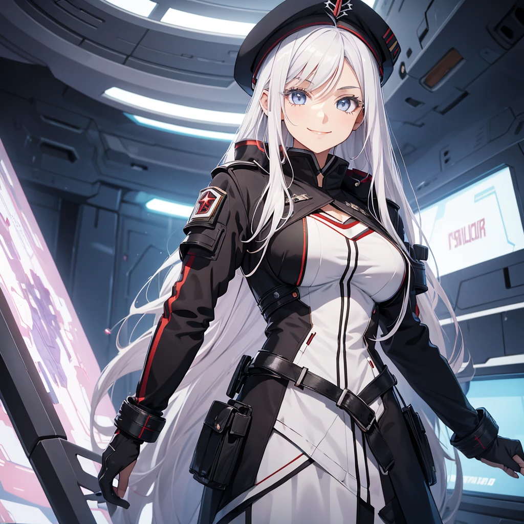 Draw a smiling girl in a futuristic spaceship setting. Her hair is white with a scarlet strand in it. She should look like Vladlena Milize from the anime 86. Black military clothing and beret.