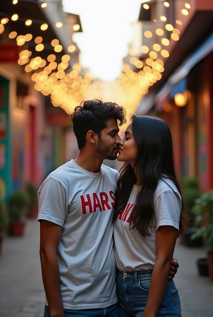 A 19 year old boy named harsh written on his tshirt kissing a beautiful girl 19 year old named avika written on his tshirt