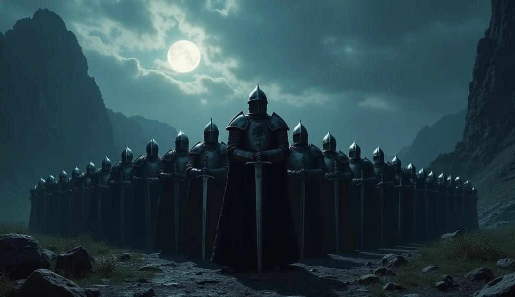 A highly realistic, high-contrast, 8K HD, detailed, hyper-detailed image of a group of knights, led by a lone knight in steel armor with a lion emblem on his chest, all facing the same direction under the cover of night. The knights stand united, their swords at the ready, as they prepare to face the challenges ahead. The dramatic landscape around them is illuminated only by the faint light of the moon and stars, with rugged terrain and ominous skies heightening the intensity of the scene. The atmosphere is tense yet filled with camaraderie and resolve, capturing the unity and unyielding spirit of the knights as they stand together in the darkness. The image is of the highest quality, with ultra-high resolution, RAW photo quality, and Unreal Engine rendering, showcasing the solidarity and strength of the knights as they face the night as one.