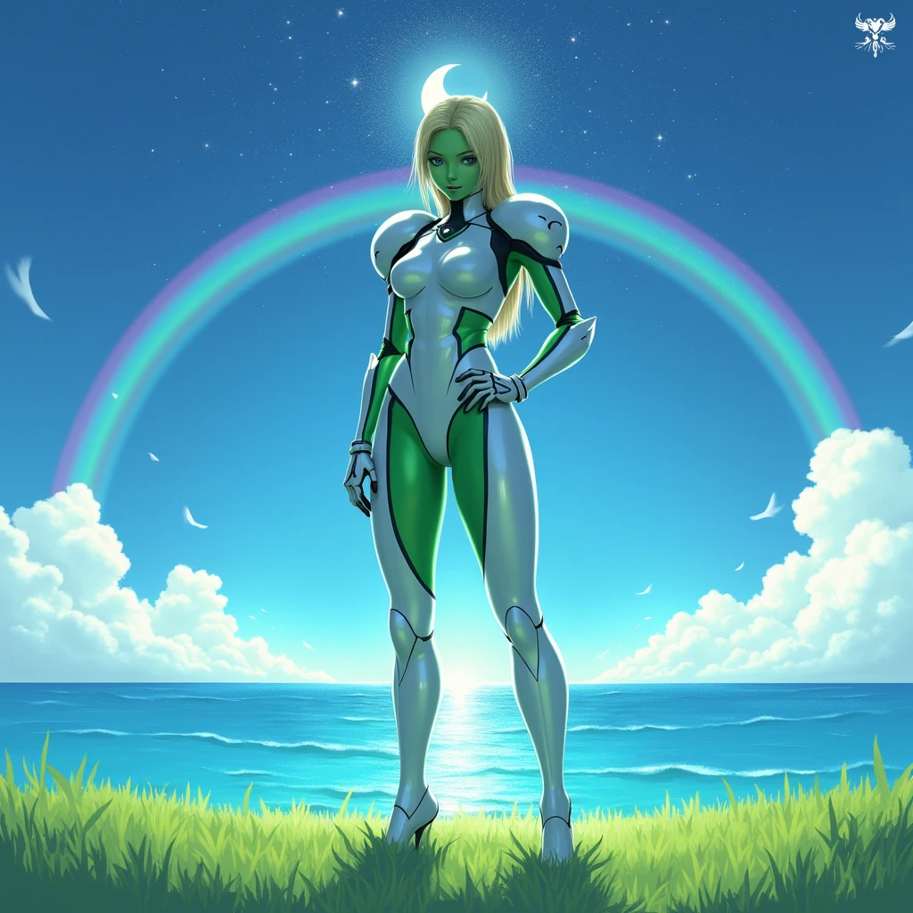 mesmerizingly beautiful white silver translúcido zero suit samus aran, latex clothing, green grass green body in front , blue sea background sea water, the sun stars rainbow on top of the image and moon below the image
