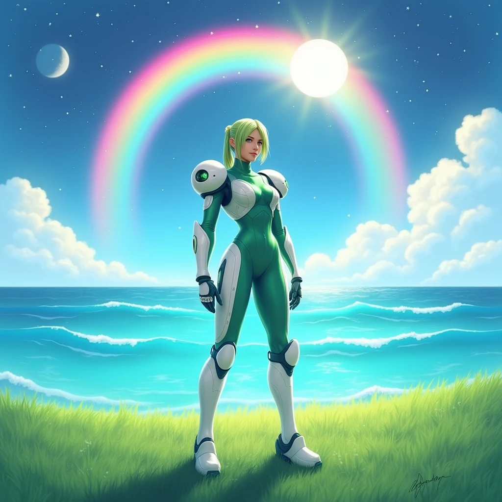 mesmerizingly beautiful white silver translúcido zero suit samus aran, latex clothing, green grass green body in front , blue sea background sea water, the sun stars rainbow on top of the image and moon below the image