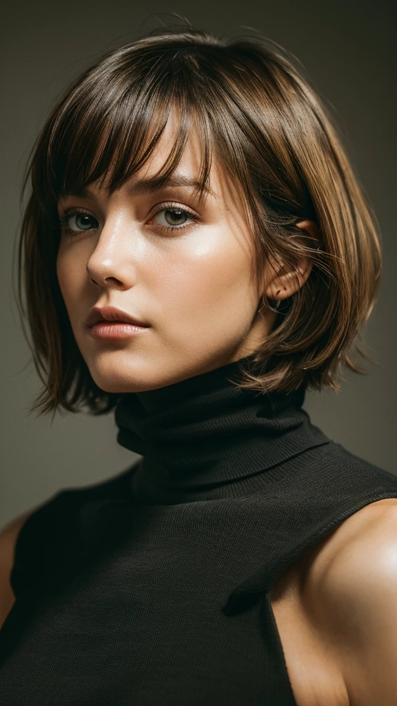 Best quality,masterpiece,Ultra-high resolution,(Authenticity:1.4),RAW photos,Texture,1 cool girl,High and tall,Wearing a turtleneck, Standing in a plain background,Looking at the camera,fashion photography, black bob haircut, beautiful eyes