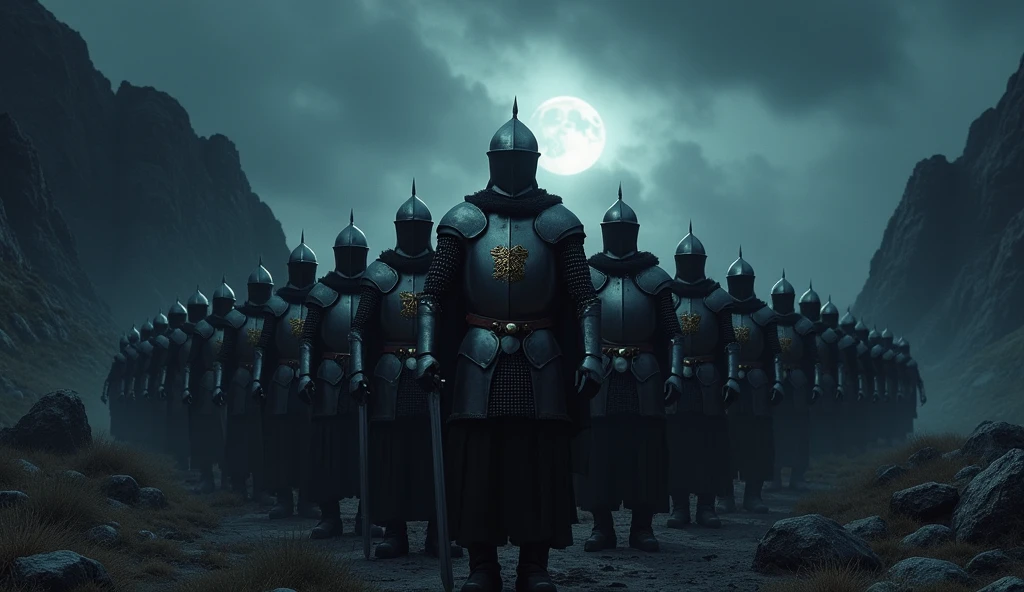 A highly realistic, high-contrast, 8K HD, detailed, hyper-detailed image of a group of knights, led by a lone knight in steel armor with a lion emblem on his chest, all facing the same direction under the cover of night. The knights stand united, their swords at the ready, as they prepare to face the challenges ahead. The dramatic landscape around them is illuminated only by the faint light of the moon and stars, with rugged terrain and ominous skies heightening the intensity of the scene. The atmosphere is tense yet filled with camaraderie and resolve, capturing the unity and unyielding spirit of the knights as they stand together in the darkness. The image is of the highest quality, with ultra-high resolution, RAW photo quality, and Unreal Engine rendering, showcasing the solidarity and strength of the knights as they face the night as one.
