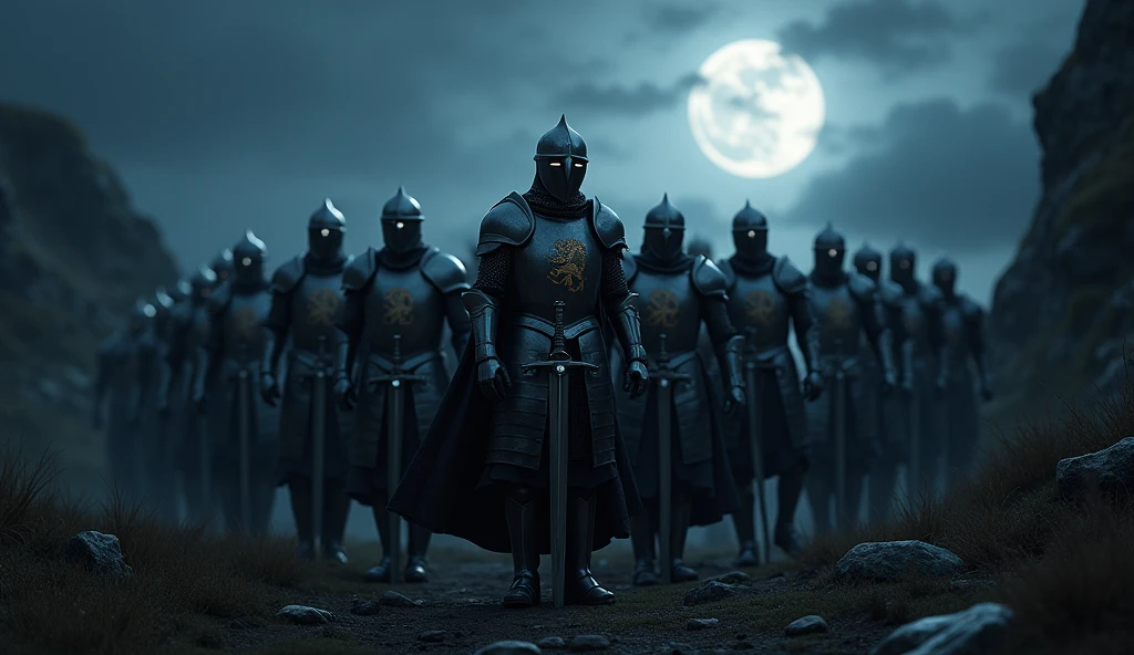 A highly realistic, high-contrast, 8K HD, detailed, hyper-detailed image of a group of knights, led by a lone knight in steel armor with a lion emblem on his chest, all facing the same direction under the cover of night. The knights stand united, their swords at the ready, as they prepare to face the challenges ahead. The dramatic landscape around them is illuminated only by the faint light of the moon and stars, with rugged terrain and ominous skies heightening the intensity of the scene. The atmosphere is tense yet filled with camaraderie and resolve, capturing the unity and unyielding spirit of the knights as they stand together in the darkness. The image is of the highest quality, with ultra-high resolution, RAW photo quality, and Unreal Engine rendering, showcasing the solidarity and strength of the knights as they face the night as one.
