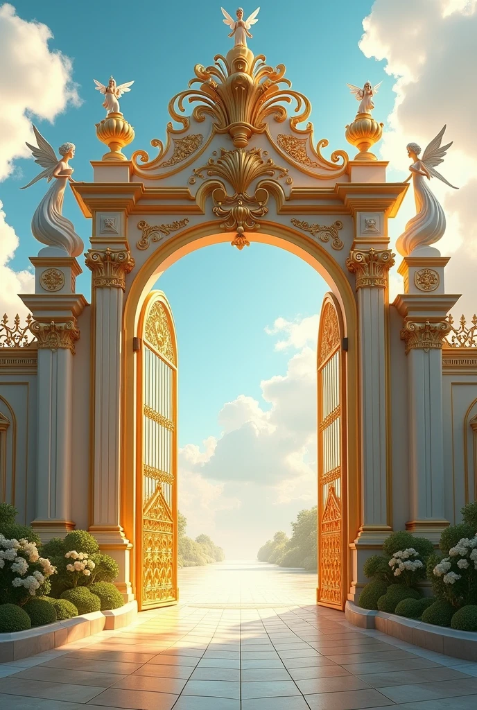 Generate an image of golden and white open gate with entrance with fairies statues on pillars of gate and add sky and clouds add grills 
