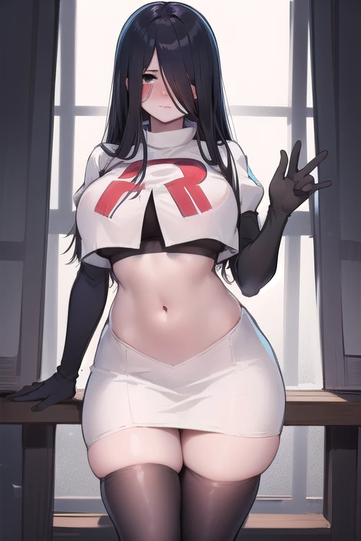 masterpiece, detailed, high quality, absurdres, sadako, (hair over eyes), pale skin, blush, large breasts, curvy, navel, stomach, groin, team rocket,team rocket uniform,white skirt,red letter R,crop top,black thigh-highs,black elbow gloves, cowboy shot,
