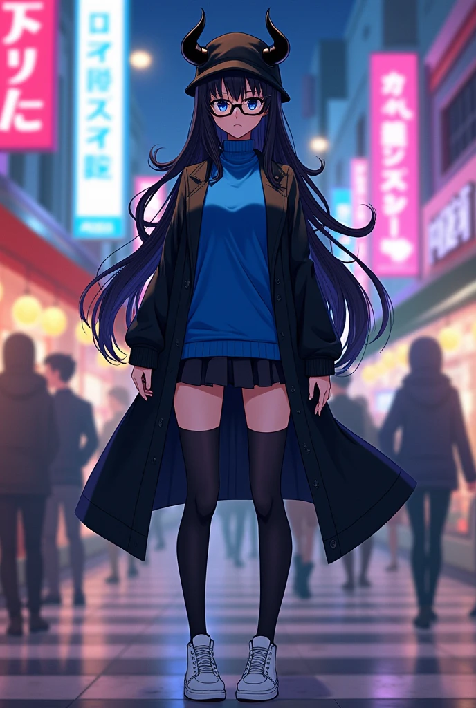 Female anime character with long layered hair and black bangs , black horned hat, black hand warmers , black leg warmers, white shoes, black glasses and blue shirt with black coat , black Chinese eyes