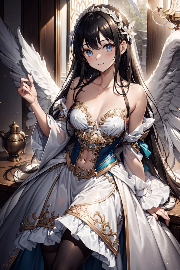 (best quality,4K,8K,high resolution,masterpiece:1.2),Extremely detailed,,,magic,enchanting,joy,Holy Goddess,magical effect,Red curly hair,blue eyes,Black translucent dress,nice decoration,Features of the magical costumes of the heavens,A small amount of purple fabric,Exquisite clothing,Layered Skirt,detailed lace,Delicate ruffles,bedroom,solitary,night,Lace pantyhose,Sacred stripes,Transparent clothing,Jewelry embellishments，Angel Maiden