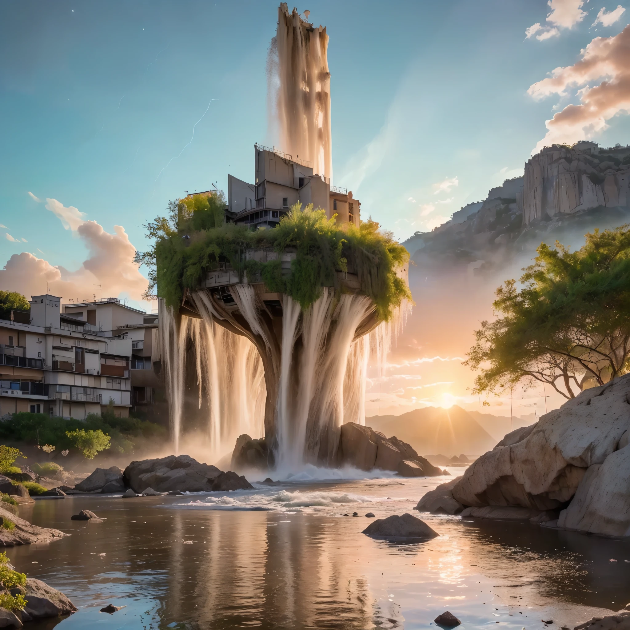 (8k, highest quality, masterpiece, final fantasy style: 1.2), (unRealistic, photoRealistic: 1.37), Dreamy landscape, epic scenes, sunset, Fantasy, Unsurreal landscapes, Super detailed, Flying futuristic  Castle, Floating Island in the Sky, Seven-colored swirl of light, Intense lightning, nebulas,Complex Light, Colored light, blue clear Large Lake, Starry sky reflected on the lake surface, Countless shining stars, Meteors,  Reflections , (A pillar of light emanated from the ground:1,2), (((roses and orchids gardens , bright sunset, pink and blue clouds, waterfalls in the sky, realistic style))), Hyperrealistic drawing , burning futuristic skyscrapers, , timeless realms, healing light magic effect, in a crystal clear blue magical lagoon of the fairyland, crystal clear waters with silver surface reflections, sharp focus, (close-up:0.9), (bright white theme:1.2), (bright white tone:1.2), (deep blue tone:1.3),((( realistic, Hyperrealism, vivid colours , landscapes , alien nature , science fiction themes))), mountains and abyss, water resources and waterfalls , fog , 