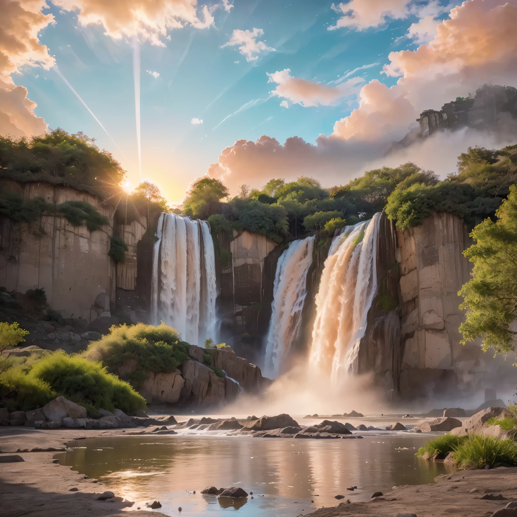 (8k, highest quality, masterpiece, final fantasy style: 1.2), (unRealistic, photoRealistic: 1.37), Dreamy landscape, epic scenes, sunset, Fantasy, Unsurreal landscapes, Super detailed, Flying futuristic Castle, Floating Island in the Sky, Seven-colored swirl of light, Intense lightning, nebulas,Complex Light, Colored light, blue clear Large Lake, Starry sky reflected on the lake surface, Countless shining stars, Meteors, Reflections , (A pillar of light emanated from the ground:1,2), (((roses and orchids gardens , bright sunset, pink and blue clouds, waterfalls in the sky, realistic style))), Hyperrealistic drawing , burning futuristic skyscrapers, , timeless realms, healing light magic effect, in a crystal clear blue magical lagoon of the fairyland, crystal clear waters with silver surface reflections, sharp focus, (close-up:0.9), (bright white theme:1.2), (bright white tone:1.2), (deep blue tone:1.3),((( realistic, Hyperrealism, vivid colours , landscapes , alien nature , science fiction themes))), mountains and abyss, water resources and waterfalls , fog ,