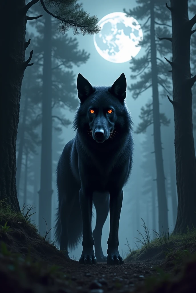 loup humanoïde noir au yeux rouge et blanc