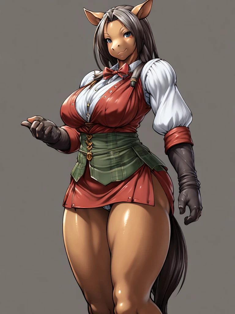 ((horse)), furry female anthro,horse girl,HD,sharp,beautiful and detailed,woman ((anthro)),1girl,Milf, mature woman,dark skin,(look at viewer) ,by dr comet,by pochincoff, by jlullaby,by kingbang,by obui,by ZeroQrisu,by sparrow,by gmeen,farmer, farmer outfit,standing,((simple background)),(gray background)