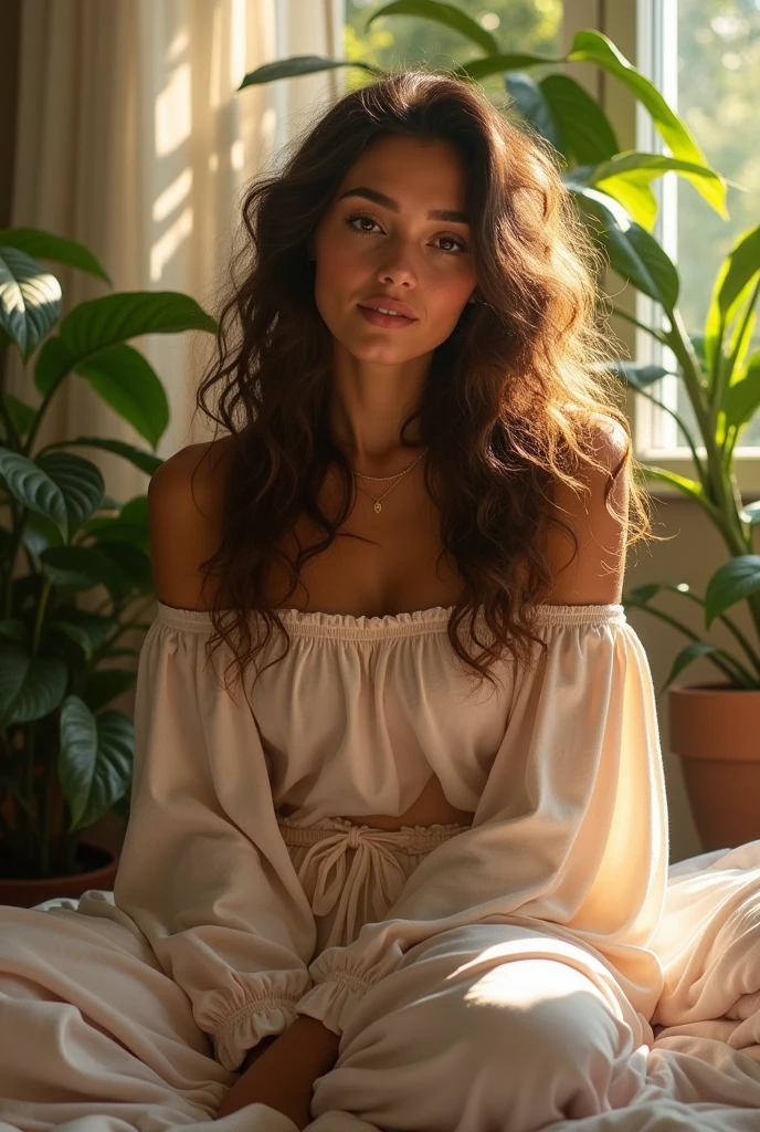(photorealism:1.2), beautiful woman, sitting on bed, wearing loose off-shoulder top, pajama pants, long curly hair, indoors, soft lighting, plants in background, window with sunlight, cozy room, relaxed pose, realistic, intricate details, warm colors, by Greg Rutkowski, by Alphonse Mucha