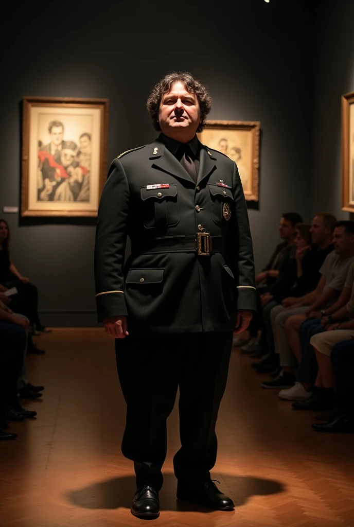a middle-aged artist, chubby, with curly dark hair, Without beard, wearing a  uniform, but without a swastika. Standing on stage 