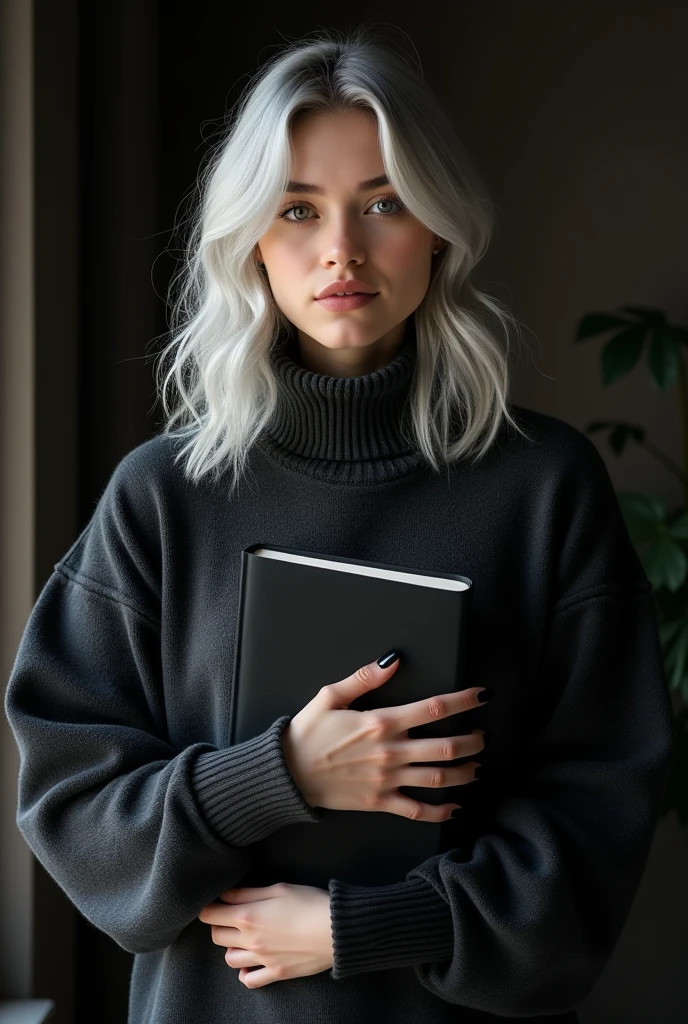 Beautiful girl with white skin, light gray hair below the shoulders, with bright shining eyes, Shiny skin, Beautiful черный маникюр, Beautiful nails, pearl skin, in a dark gray voluminous sweater, Beautiful detailed fingers, professional photo, 4K, a high resolution, high detail, aesthetically pleasing, Beautiful, realistic, standing straight, looks straight, beautiful long nails, holding a black book against a dark living room background.