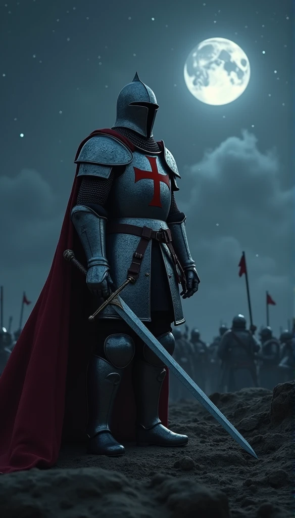 A highly realistic, high-contrast, 8K HD, detailed, hyper-detailed image of a Crusader knight fighting on the battlefield at night. The knight, clad in steel armor with a red cross emblem painted on his chest plate, is engaged in intense combat, wielding his sword with unwavering determination. The battlefield is illuminated by the faint light of the moon and stars, casting deep shadows across the rugged terrain. The atmosphere is tense and dramatic, capturing the bravery and resolve of the Crusader as he fights under the cover of darkness. The image is of the highest quality, with ultra-high resolution, RAW photo quality, and Unreal Engine rendering, showcasing the knight's strength and courage as he battles through the night, with the red cross of the Crusaders prominently displayed on his armor.