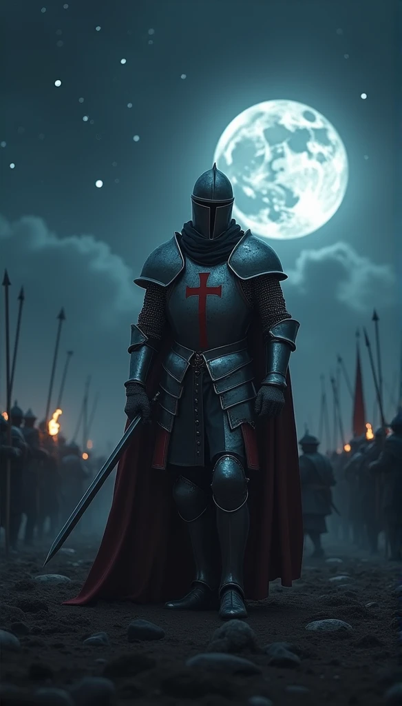 A highly realistic, high-contrast, 8K HD, detailed, hyper-detailed image of a Crusader knight fighting on the battlefield at night. The knight, clad in steel armor with a red cross emblem painted on his chest plate, is engaged in intense combat, wielding his sword with unwavering determination. The battlefield is illuminated by the faint light of the moon and stars, casting deep shadows across the rugged terrain. The atmosphere is tense and dramatic, capturing the bravery and resolve of the Crusader as he fights under the cover of darkness. The image is of the highest quality, with ultra-high resolution, RAW photo quality, and Unreal Engine rendering, showcasing the knight's strength and courage as he battles through the night, with the red cross of the Crusaders prominently displayed on his armor.