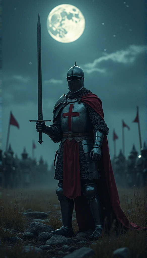 A highly realistic, high-contrast, 8K HD, detailed, hyper-detailed image of a Crusader knight fighting on the battlefield at night. The knight, clad in steel armor with a red cross emblem painted on his chest plate, is engaged in intense combat, wielding his sword with unwavering determination. The battlefield is illuminated by the faint light of the moon and stars, casting deep shadows across the rugged terrain. The atmosphere is tense and dramatic, capturing the bravery and resolve of the Crusader as he fights under the cover of darkness. The image is of the highest quality, with ultra-high resolution, RAW photo quality, and Unreal Engine rendering, showcasing the knight's strength and courage as he battles through the night, with the red cross of the Crusaders prominently displayed on his armor.