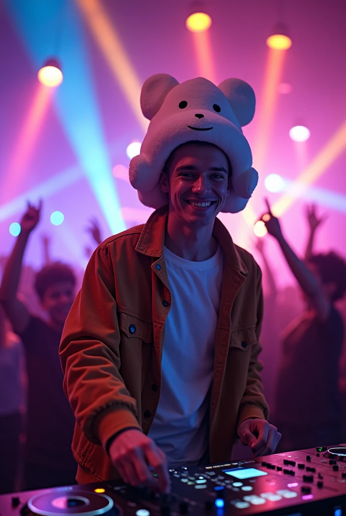 Ai image of male character of 18 age wearing a marshmallow helmet , smiling , standing and posing in dj night