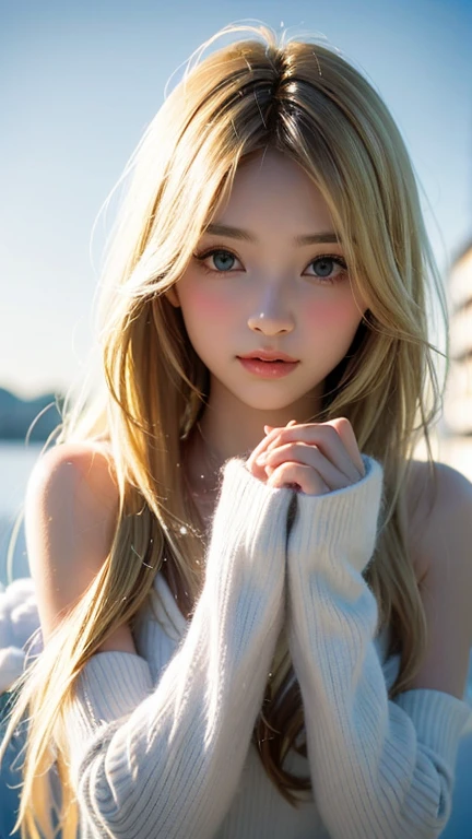 alone, very beautiful nordic girl、Shiny light blonde hair, Beautiful super long straight dazzling bright blonde hair blowing in the strong wind,Long bangs obstruct the view、Hair between the eyes、bright light gray eyes that shine beautifully,Detailed face, White and beautiful skin、Cheek gloss highlighter、Mittens, Snow Forest, Attractive areas, (Blushing your nose, Heavy breathing:1.1), (dark:1.4)、Small Face Beauty,((平らな胸)),
