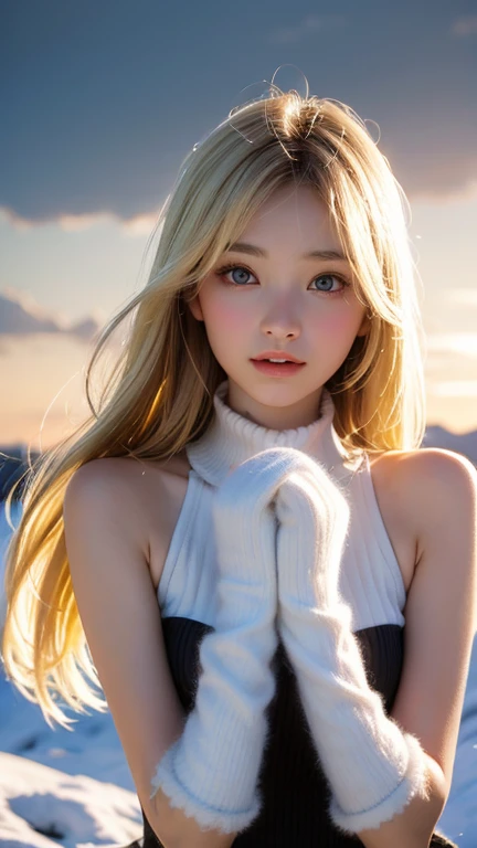 alone, very beautiful nordic girl、Shiny light blonde hair, Beautiful super long straight dazzling bright blonde hair blowing in the strong wind,Long bangs obstruct the view、Hair between the eyes、bright light gray eyes that shine beautifully,Detailed face, White and beautiful skin、Cheek gloss highlighter、Mittens, Snow Forest, Attractive areas, (Blushing your nose, Heavy breathing:1.1), (dark:1.4)、Small Face Beauty,((平らな胸)),