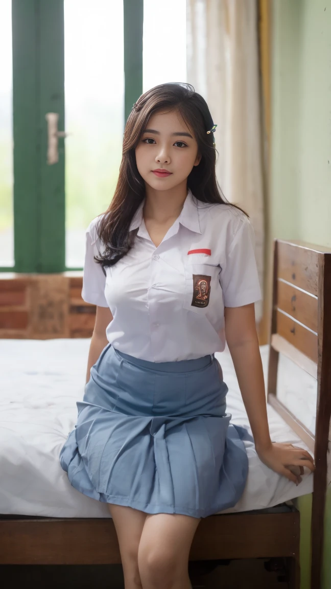 RAW, Best quality, high resolution, masterpiece: 1.3), Beautiful girl, seductive pose, showing breast, open legs showing vagina, sensual body, on a top of table of bedroom,  ((clothes open button)), (( senior high school clothes)), show cleavange, small breast, highres, 4k, HDR, 1girl, photorealistic, realistic, small breasts, ((whole body)) turning away facial at viewer, closeup, class-room, misty,