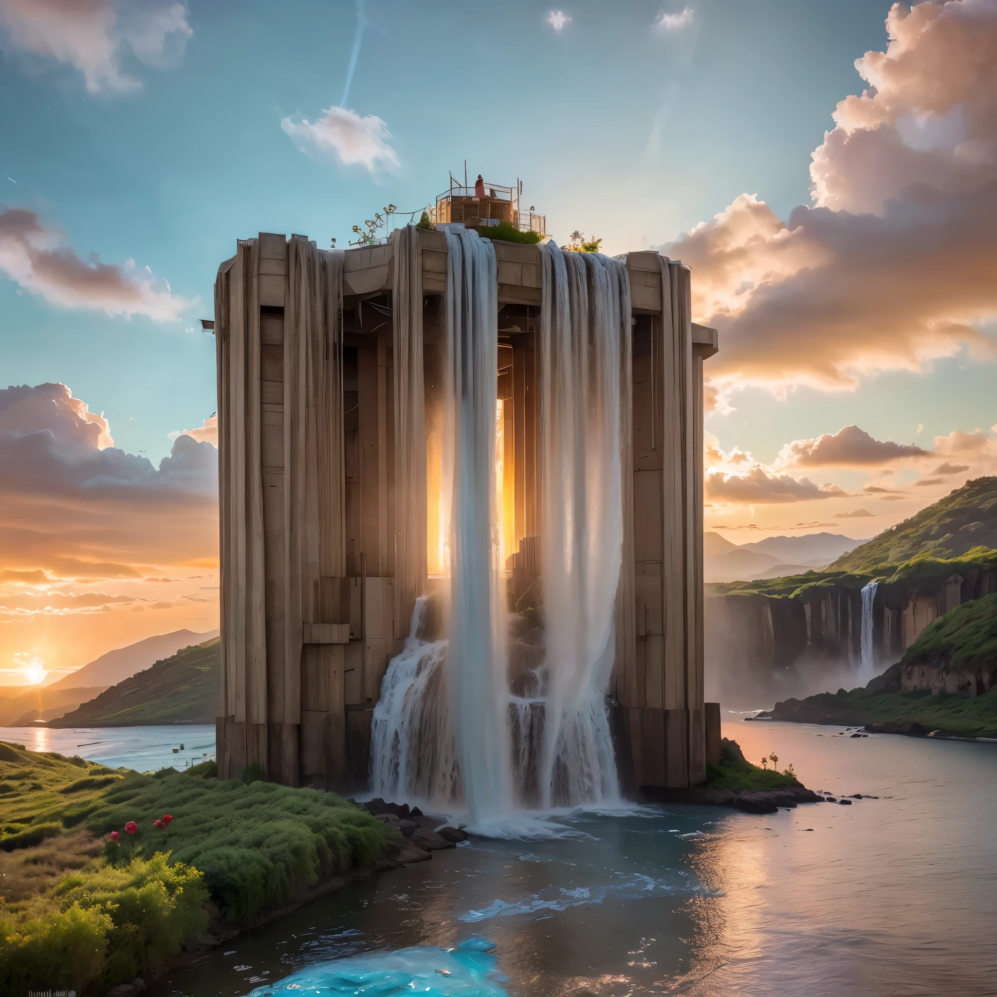 (8k, highest quality, masterpiece, final fantasy style: 1.2), (unRealistic, photoRealistic: 1.37), Dreamy landscape, epic scenes, sunset, Fantasy, Unsurreal landscapes, Super detailed, Flying futuristic Castle, Floating Island in the Sky, Seven-colored swirl of light, Intense lightning, nebulas,Complex Light, Colored light, blue clear Large Lake, Starry sky reflected on the lake surface, Countless shining stars, Meteors, Reflections , (A pillar of light emanated from the ground:1,2), (((roses and orchids gardens , bright sunset, pink and blue clouds, waterfalls in the sky, realistic style))), Hyperrealistic drawing , burning futuristic skyscrapers, , timeless realms, healing light magic effect, in a crystal clear blue magical lagoon of the fairyland, crystal clear waters with silver surface reflections, sharp focus, (close-up:0.9), (bright white theme:1.2), (bright white tone:1.2), (deep blue tone:1.3),((( realistic, Hyperrealism, vivid colours , landscapes , alien nature , science fiction themes))), mountains and abyss, water resources and waterfalls , fog ,