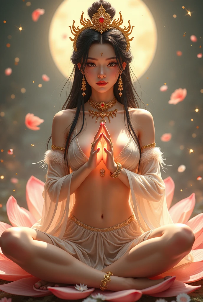 Ultra-high resolution, Attention to detail, Highest quality, Photorealistic, (((女god))), ((Glamour body, Sensual body:1.2, Saggy big breasts, Full lower abdomen)), , (See-through feather robe), Asian Woman Face, Baby Face, The eyes are large, Full body portrait, glossy and shimmering black hair, Mizura, Multiple rings on wrists and ankles, A necklace studded with jewels, Beautiful golden crown with decorations, god々New Background, Multiple lights dance in the air, Making a ring with the thumbs and index fingers of both hands, Sitting cross-legged, Sitting on a lotus flower