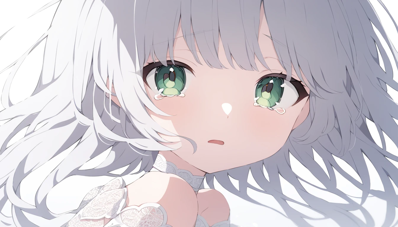 Pale gray hair Slightly bluish, Dark green eyes Eyes wide open White choker Expressionless Tears running down my cheeks Looking into the camera look back A white dress with thin white lace Slightly open mouth Tears flowing abundantly Tears continue to flow down my cheeks.