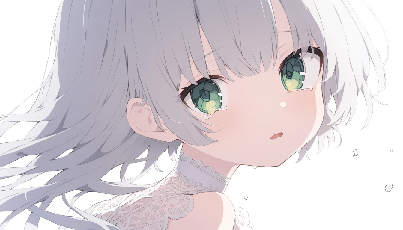Pale gray hair Slightly bluish, Dark green eyes Eyes wide open White choker Expressionless Tears running down my cheeks Looking into the camera look back A white dress with thin white lace Slightly open mouth Tears flowing abundantly Tears continue to flow down my cheeks.