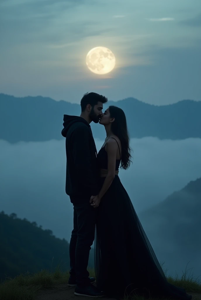 A couple see's after a longtime from a top of a mountain of kerala🥹 they kissed eachother. The mountains are filled with the fog and the moon is blooming pleasenty. The boy wears a black hoodie and the girl with black dress it's not night it's evening to night
