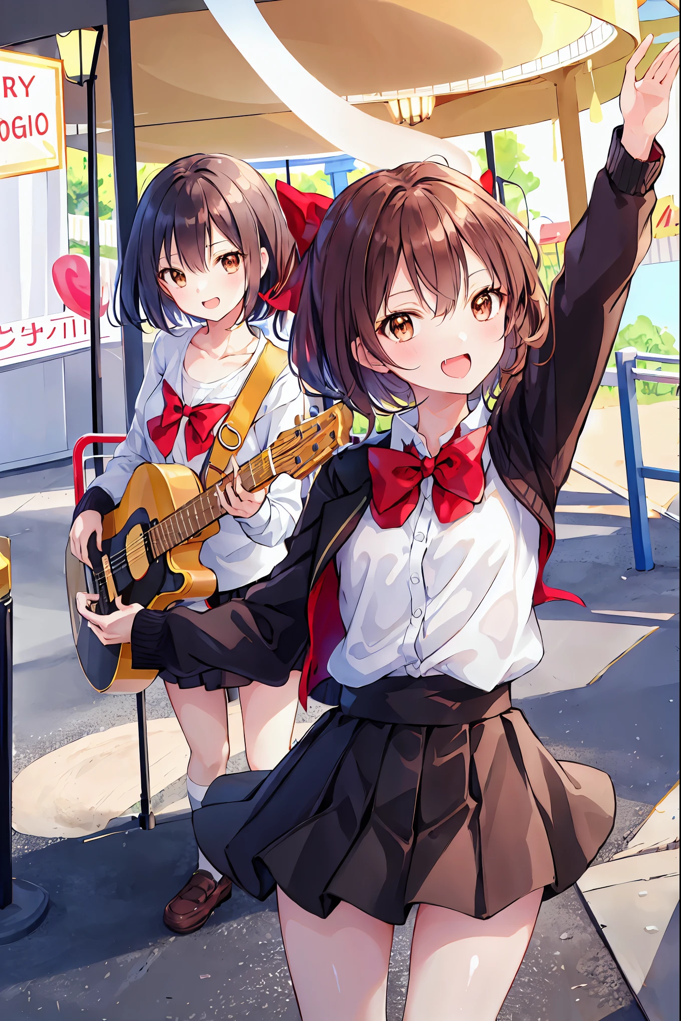 masterpiece, Highest quality, High resolution, Adult women,fine, play the guitar, sing, Brown Hair, Shortcuts,Fluffy hair ,The whole body is visible,Slender beauty, Brown eyes, Small breasts,Flat chest, Red bow tie, uniform, Black jacket, Open jacket, Brown cardigan, White shirt, Black Skirt, Checked skirt, Laughter, Open your mouth wide, , amusement park, Merry-go-round