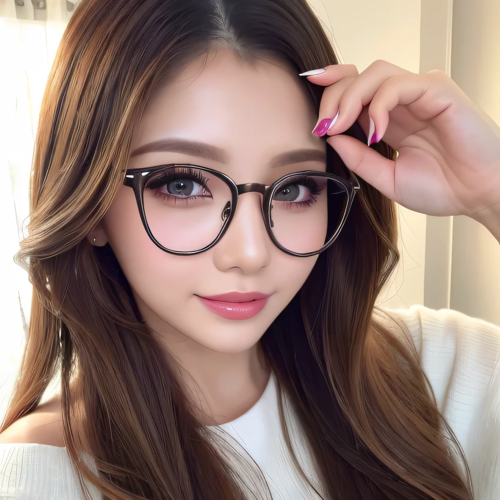 ((Highest quality, Tabletop, Ultra-high resolution、The most complex and detailed depiction))、(Bright lighting:1.1)、(spring-like clothes)、(Beautiful woman:1.1)、(Long Wavy Hair:1.05), (Accurate anatomy:1.1)、Glasses、Colored contact lenses、Perfect Makeup、Natural Lip、Highly saturated eyeshadow、Loose off-the-shoulder knit、Short skirt、Blurred Background, Look at me and smile、Luxurious Room、(Face close-up:1.1)、(Ultra-high resolution gloss, Fair skin:1.1)、Ultra-high resolutionの顔、Ultra-high resolutionの髪、Ultra-high resolution sparkling eyes、Ultra-high resolution glossy lips、(Brightly lit white skin:1.1)、Beautiful face drawn in every detail、Ultra-high resolution perfect beautiful teeth、(Bright and vivid:1.1), whole body, Beautiful legs in every detail