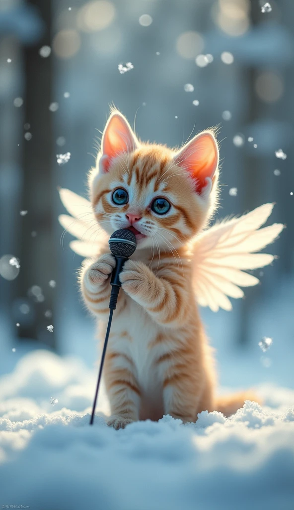 Sing with a microphone。
Big cute eyes, human expression。A small kitten with a head slightly larger than its body。
Angel's wing。An angel-like figure with a snow-covered forest as a background。