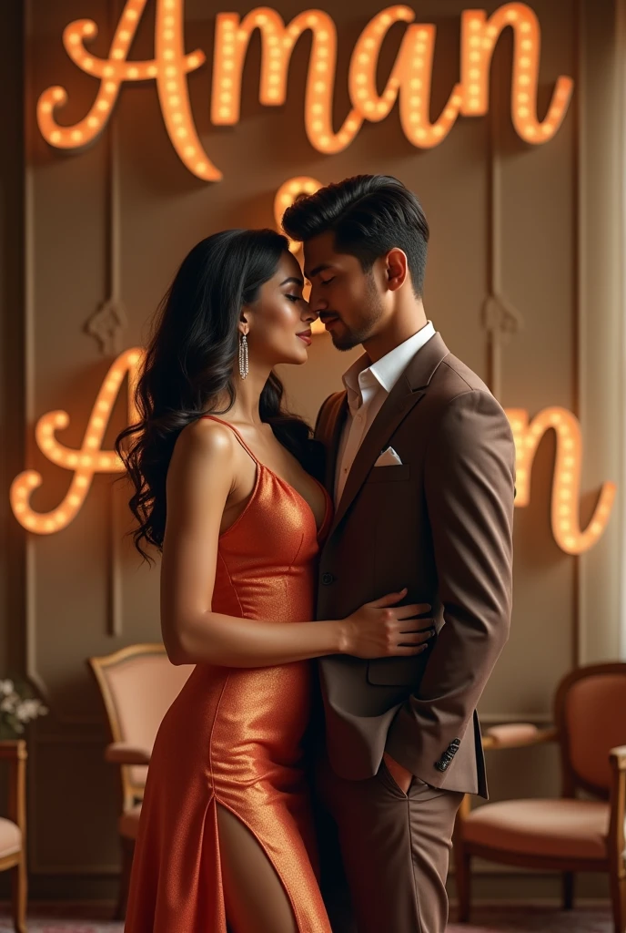 A couple standing together in a room, with the Woman wearing a hot, Bra Panty stylish dress and the Man dressed to complement her, making them look like a matching couple. In the background, the names 'Aman' and 'Anam' are clearly and fully displayed in bold, elegant letters, seamlessly integrated into the room’s design, creating a cohesive and intimate 3D scene